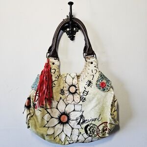 Desigual Boho Slouchy Purse Floral Stitched Edge Handbag Shoulder Bag